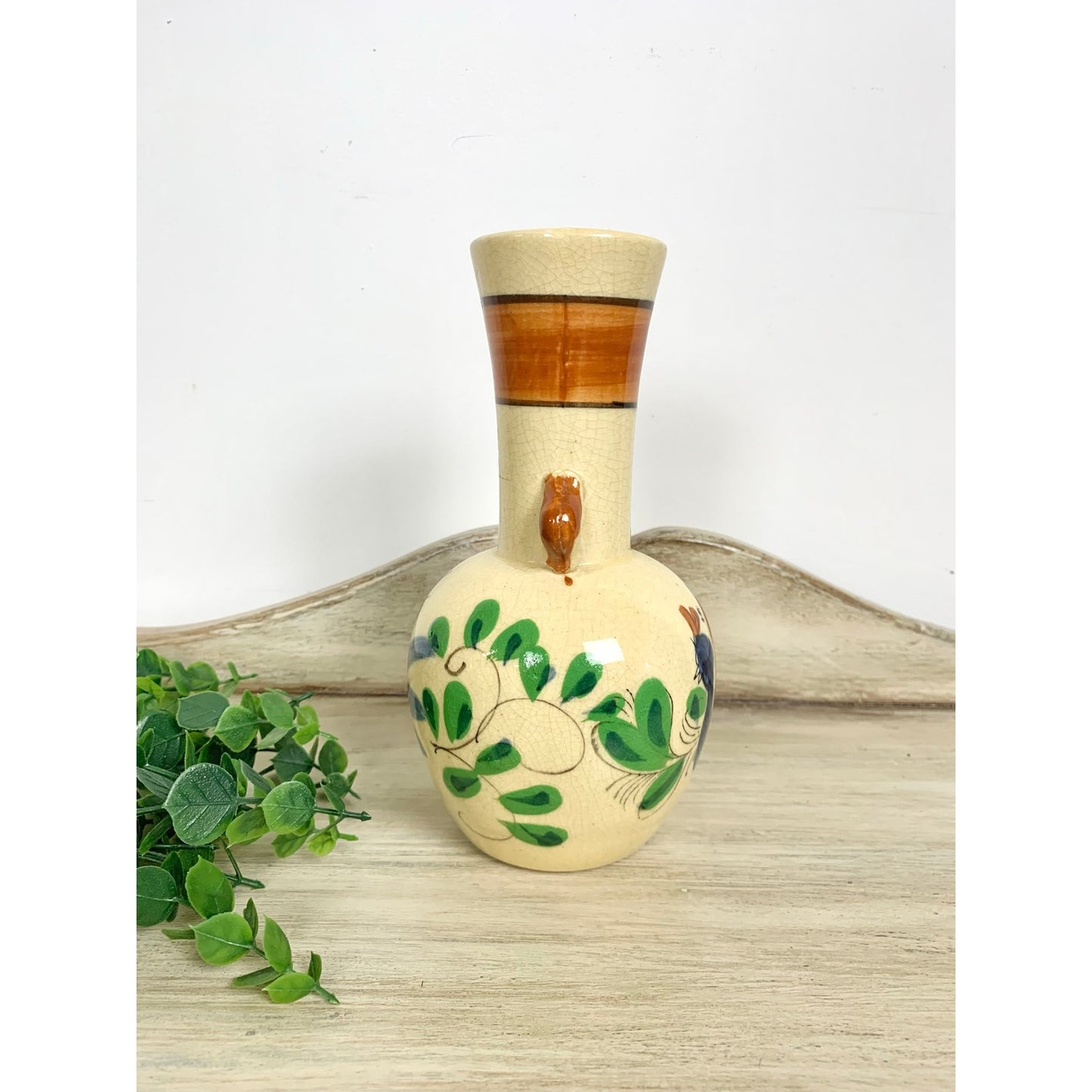 Vintage Thura Satsuma Vase Japan Ho Ho Bird Hand Painted Phoenix Mid Century