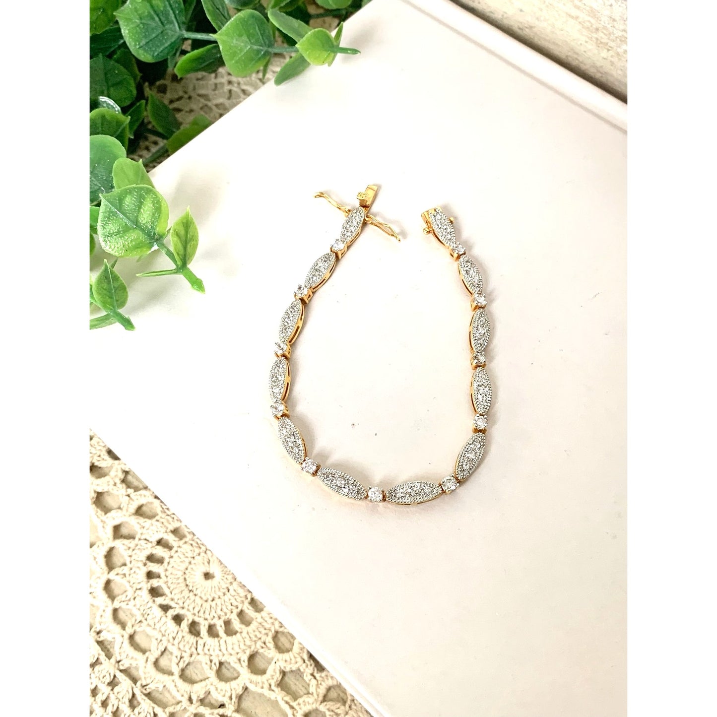 Vintage Goldtone Rhinestone Tennis Bracelet Art Deco Style Crystal Glam Jewelry