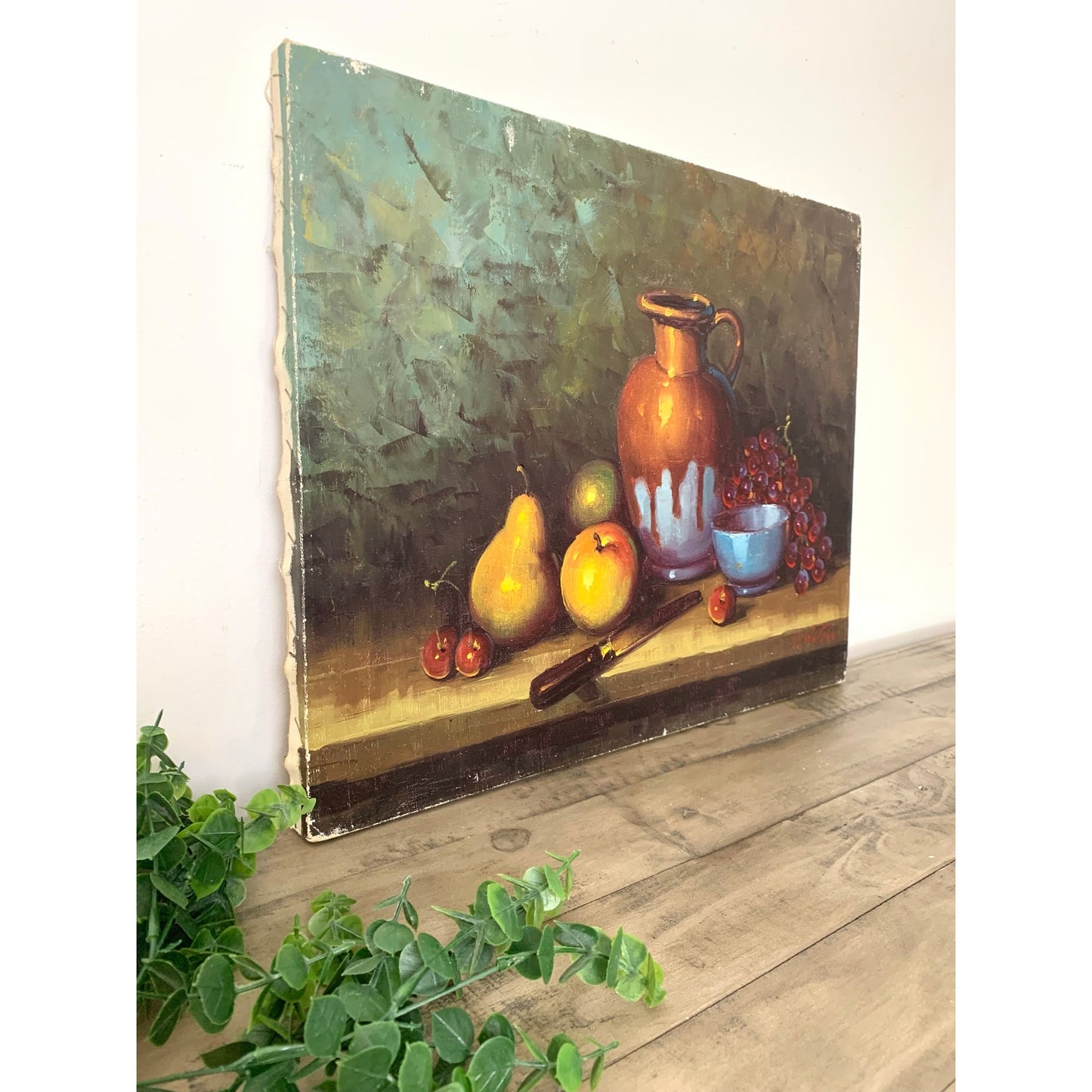 Vintage Still Life Oil Painting on Canvas Signed V Watson Rustic Fruit Art Moody