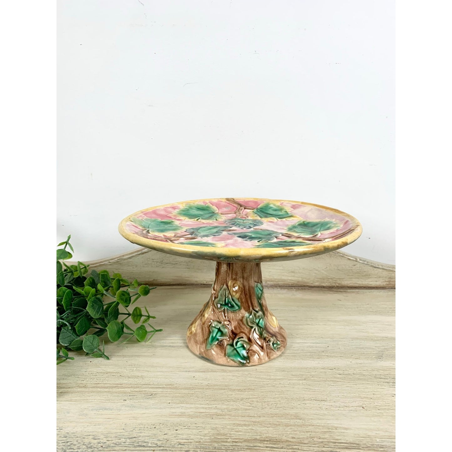 Antique Majolica Pedestal Cake Stand Maple Leaf Compote Etruscan Riser Dessert Victorian Pottery