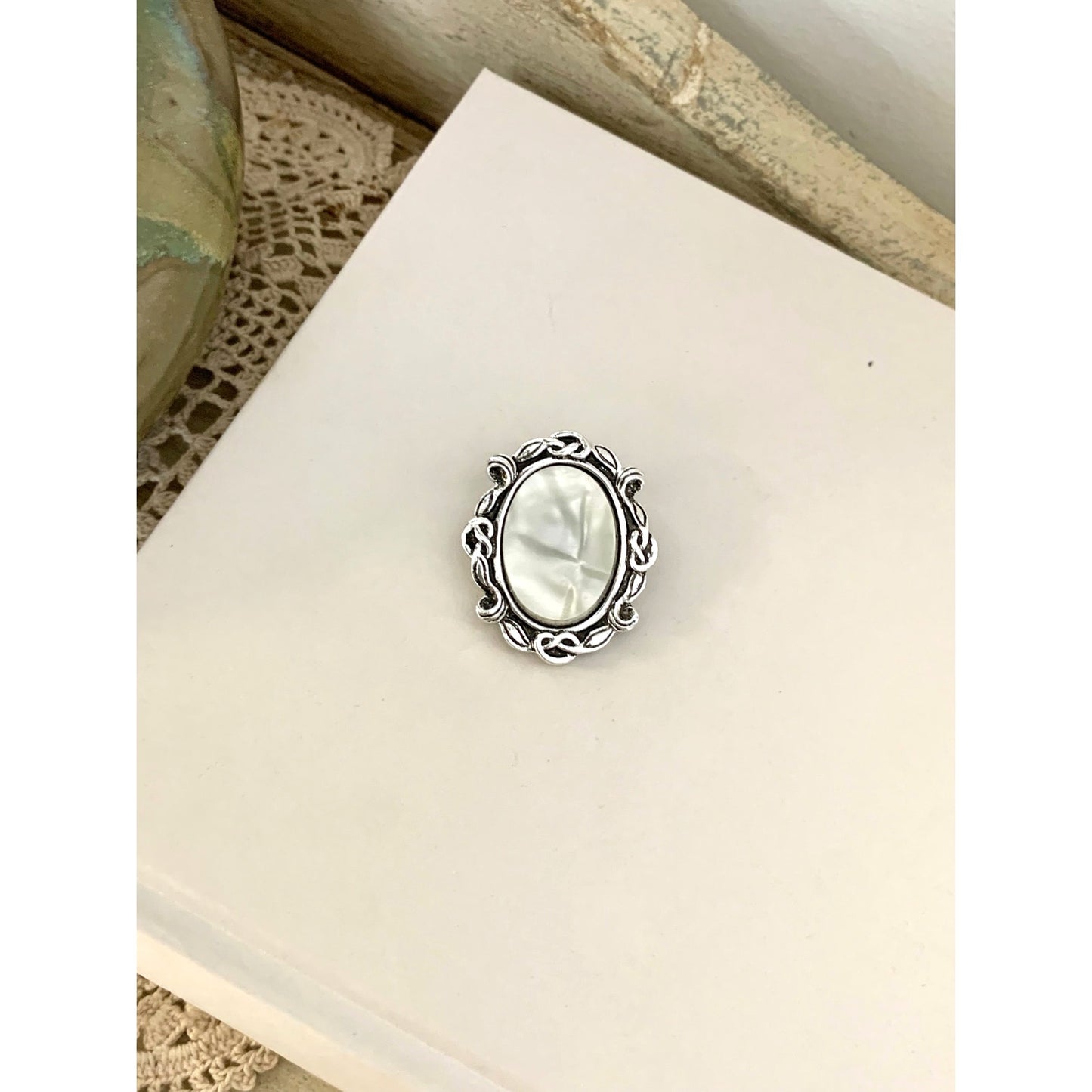 Vintage West Germany Mother of Pearl Scarf Clip Ornate Silver Tone Oval
