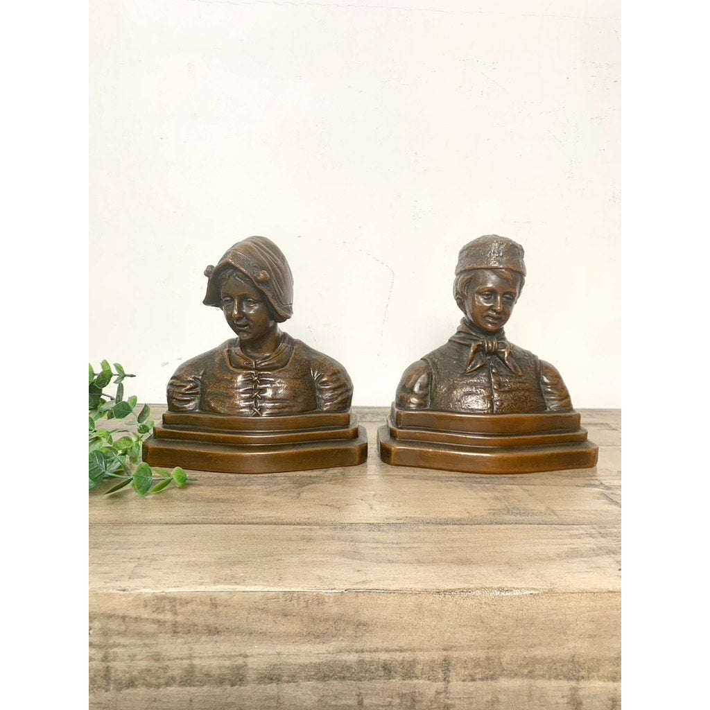 Antique Bronze Patina Dutch Couple Bookends – Folk Art Bust Pair