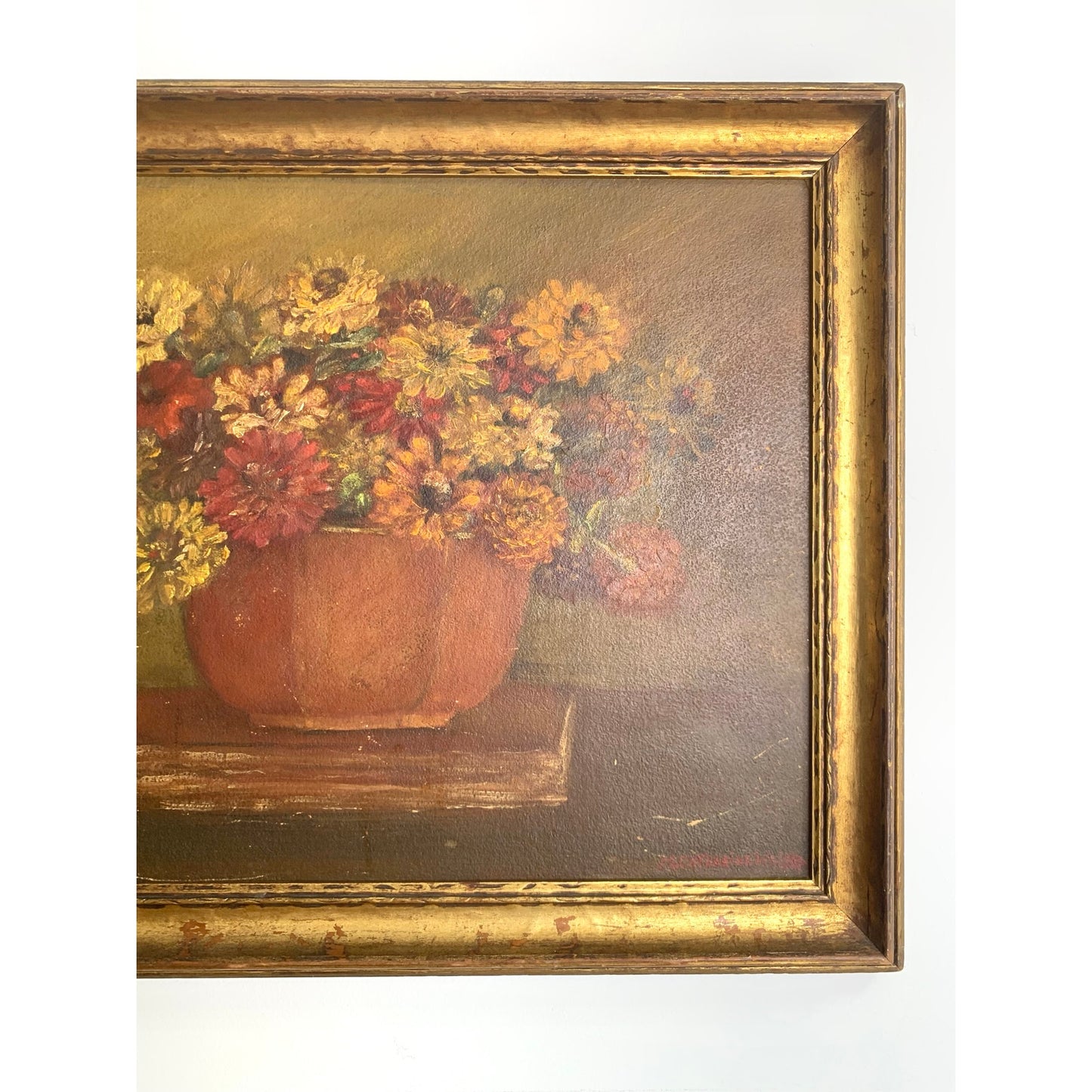Vintage Floral Still Life Oil Painting on Board Signed Wright Framed Moody Art