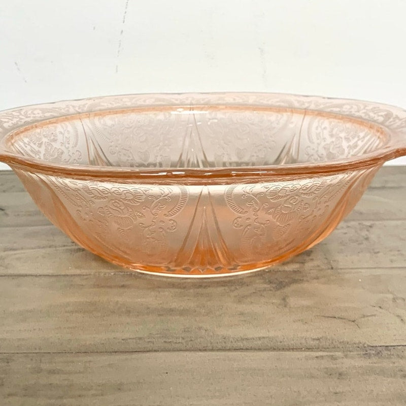 Depression Glass Vintage Pink Serving Bowl Floral Pressed Pattern Scalloped Rim