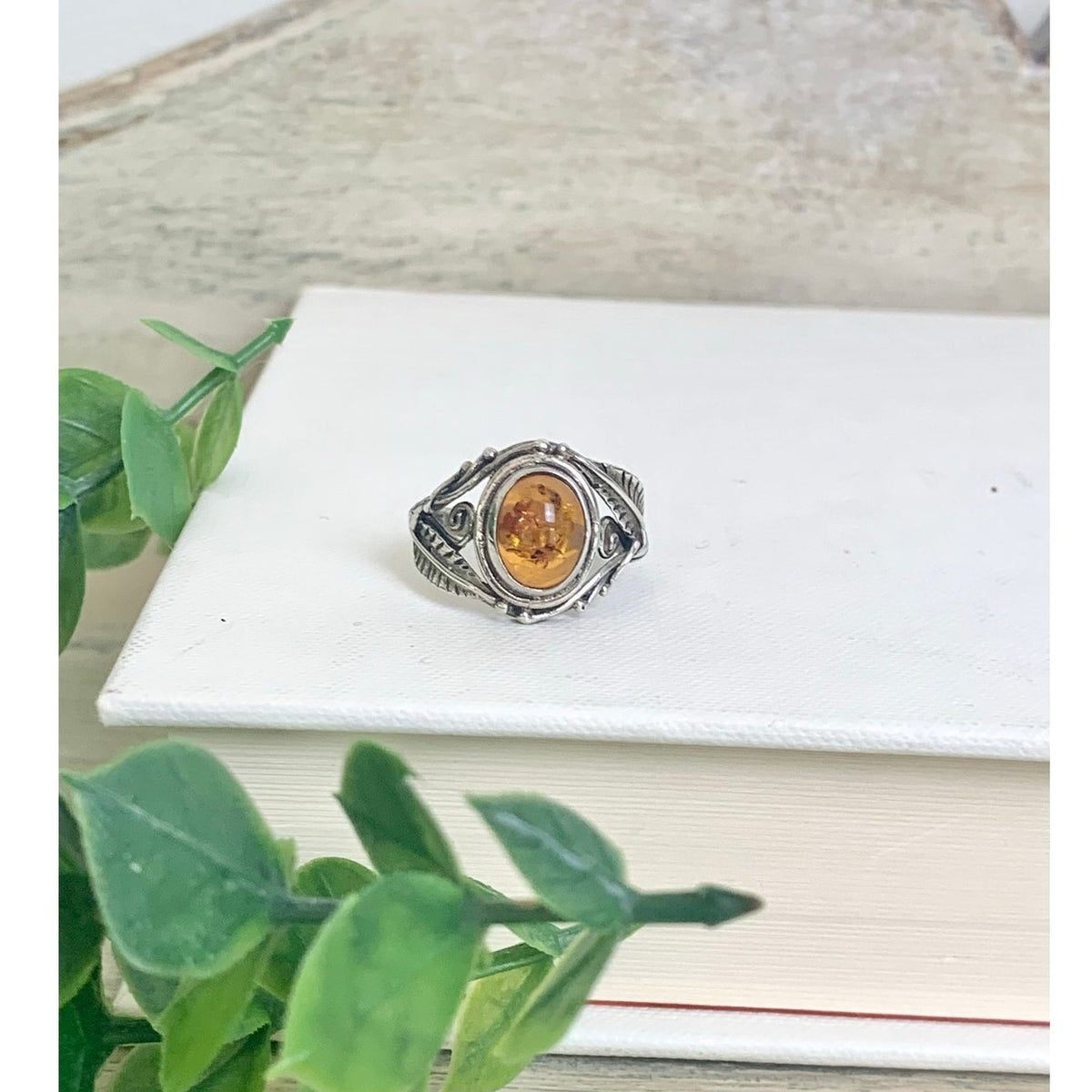 Vintage Sterling Silver Amber Ring Botanical Leaf Filigree Jewelry Boho Southwestern
