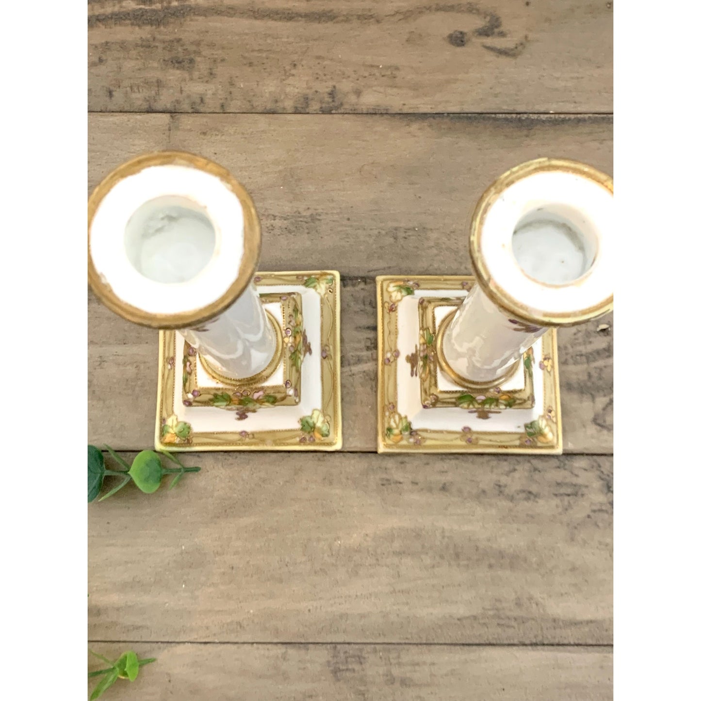 Antique Nippon Hand-Painted Candlestick Holders Pair Grape & Gold Moriage 7” H