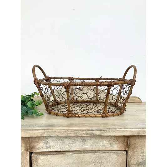 Vintage Chicken Wire Basket Twig Branch Handles Rustic Farmhouse Decor Cottagecore