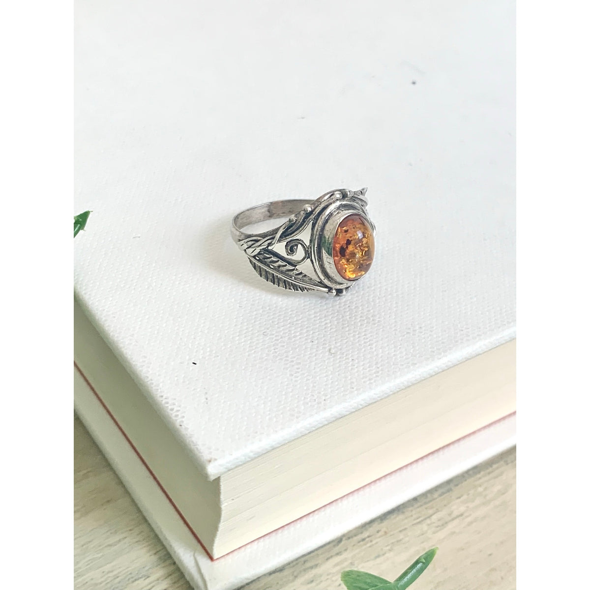 Vintage Sterling Silver Amber Ring Botanical Leaf Filigree Jewelry Boho Southwestern