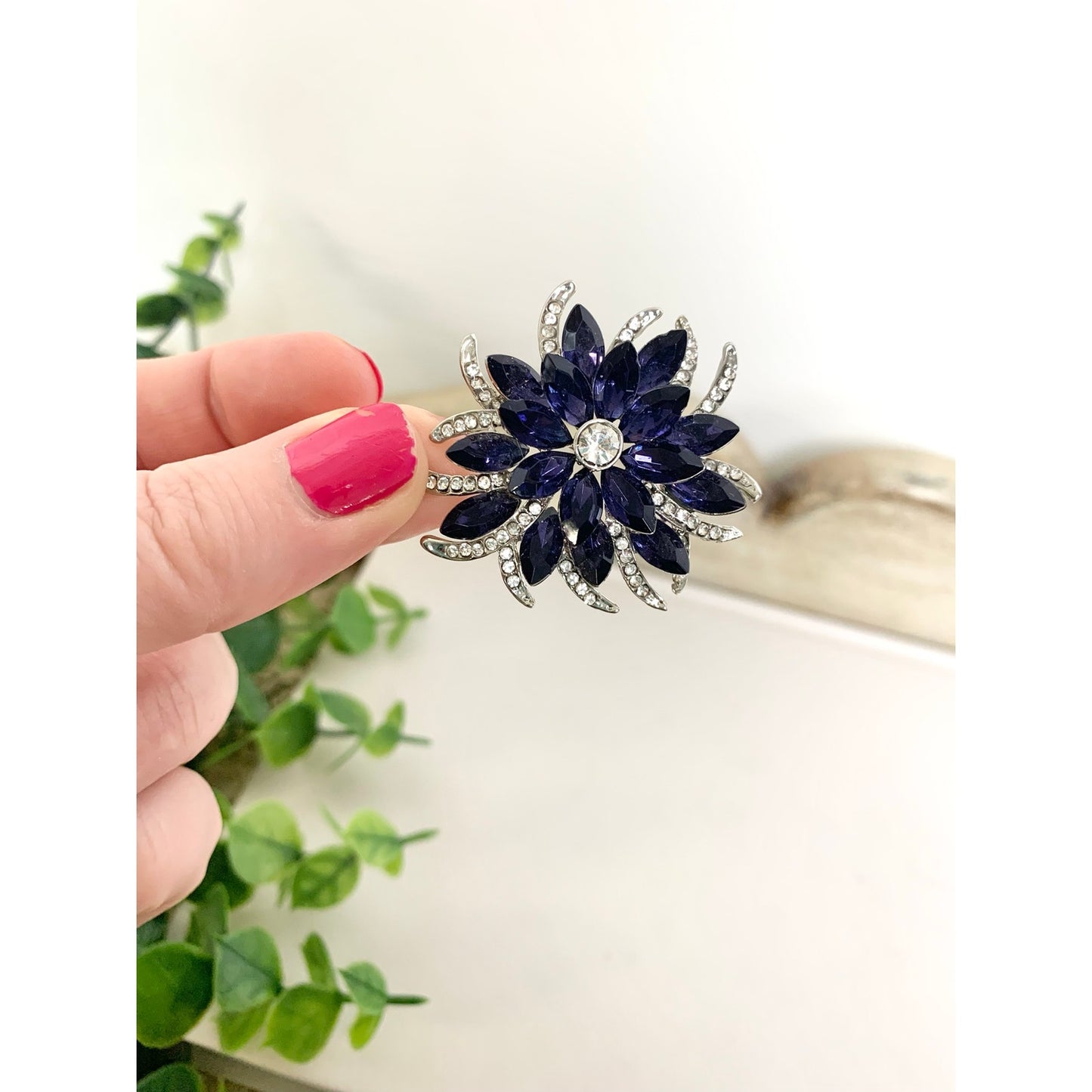 Vintage Blue Violet Rhinestone Flower Brooch Silvertone Statement Pin Mid Century Glam