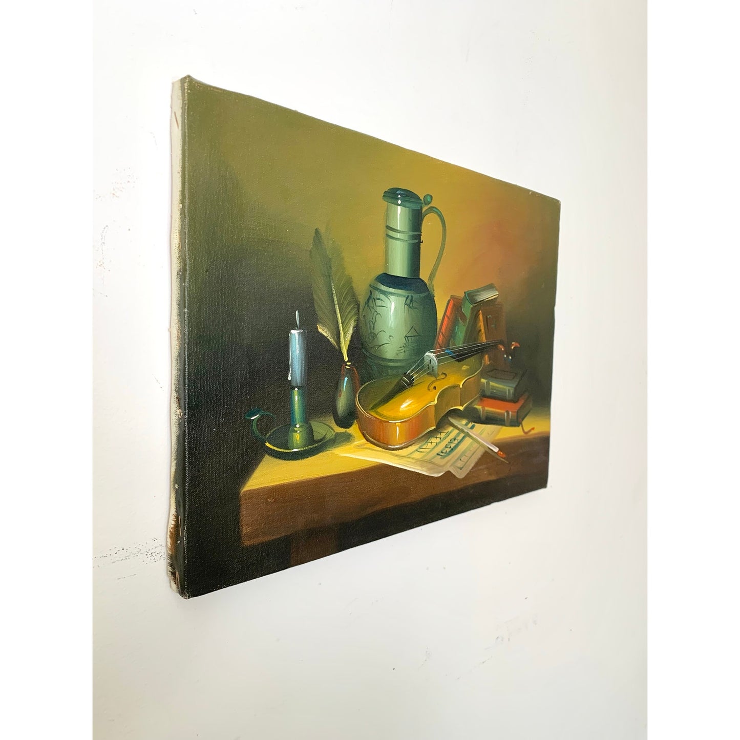 Vintage Still Life Oil Painting with Violin and Books Certified Original Signed