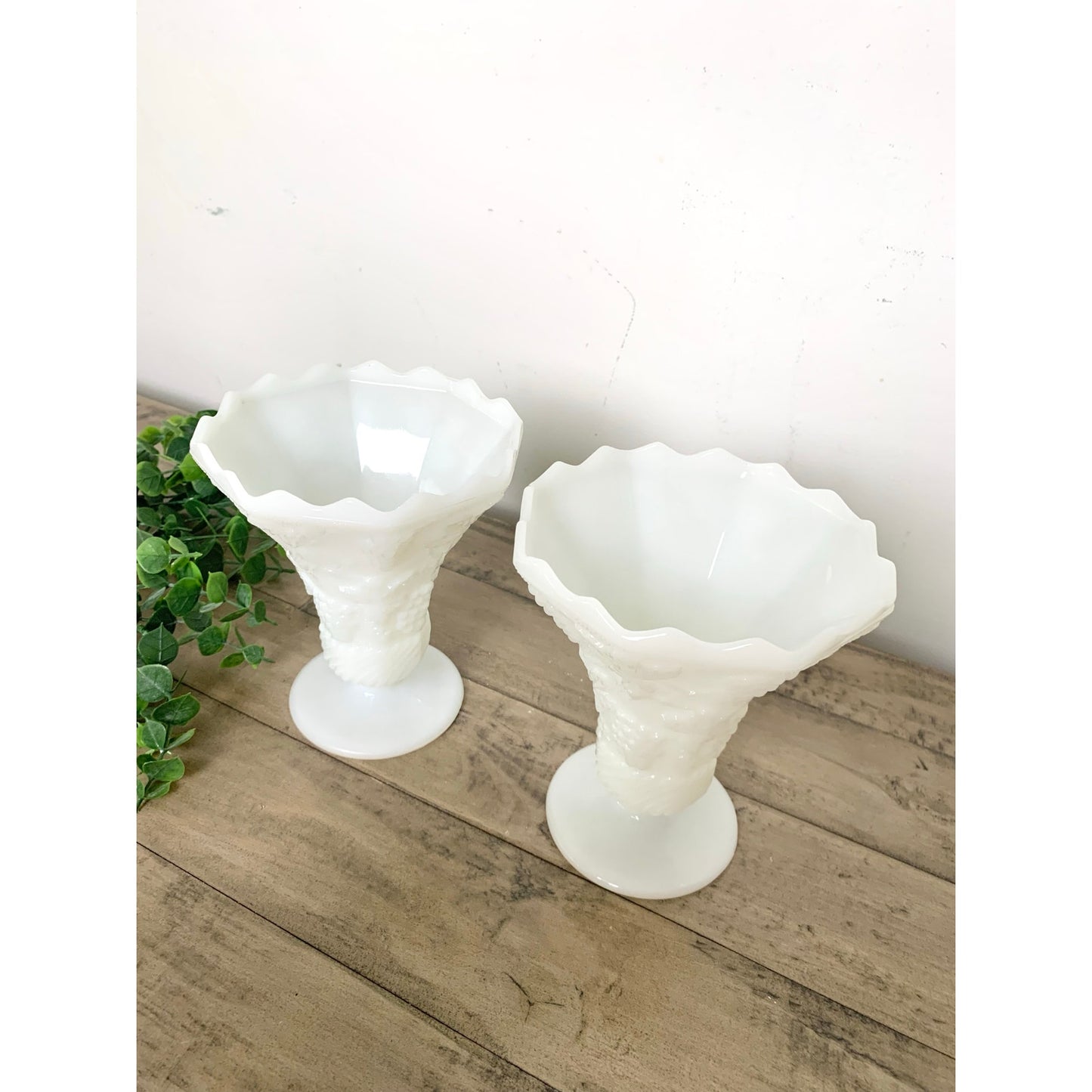 Anchor Hocking Vintage Pair White Milk Glass Grape Vine Pedestal Vases Cottage