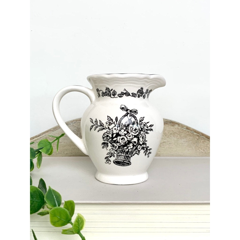 Vintage Black Transferware Creamer Vase New England Toile Farmhouse Cottage Whimsigoth