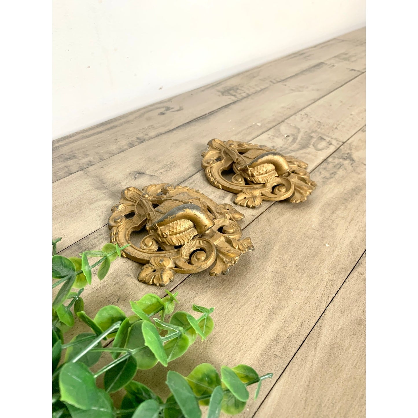 Antique French Revival Furniture Mounts Ornate Architectural Crest Pair Wall Decals