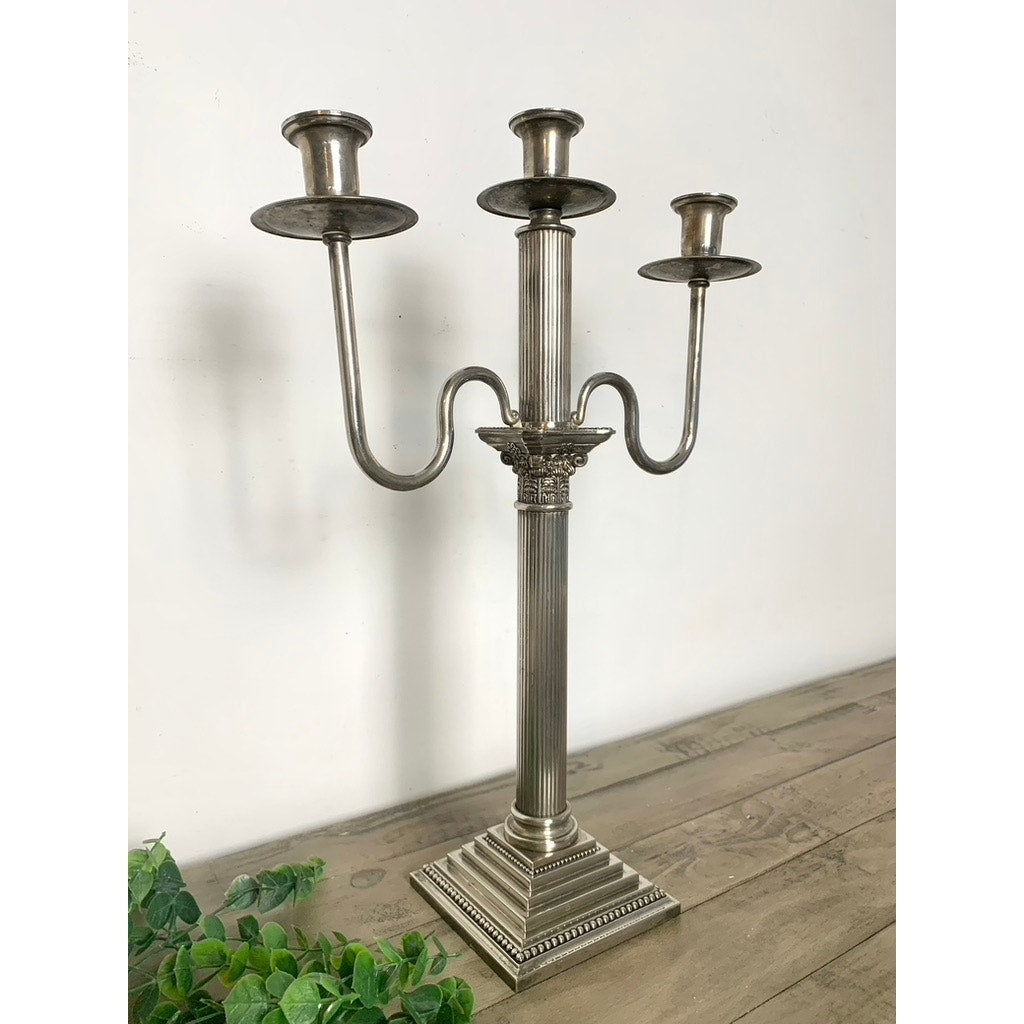 Vintage Godinger Silverplate Three-Arm Candelabra Neoclassical Fluted Column Elegant 19"