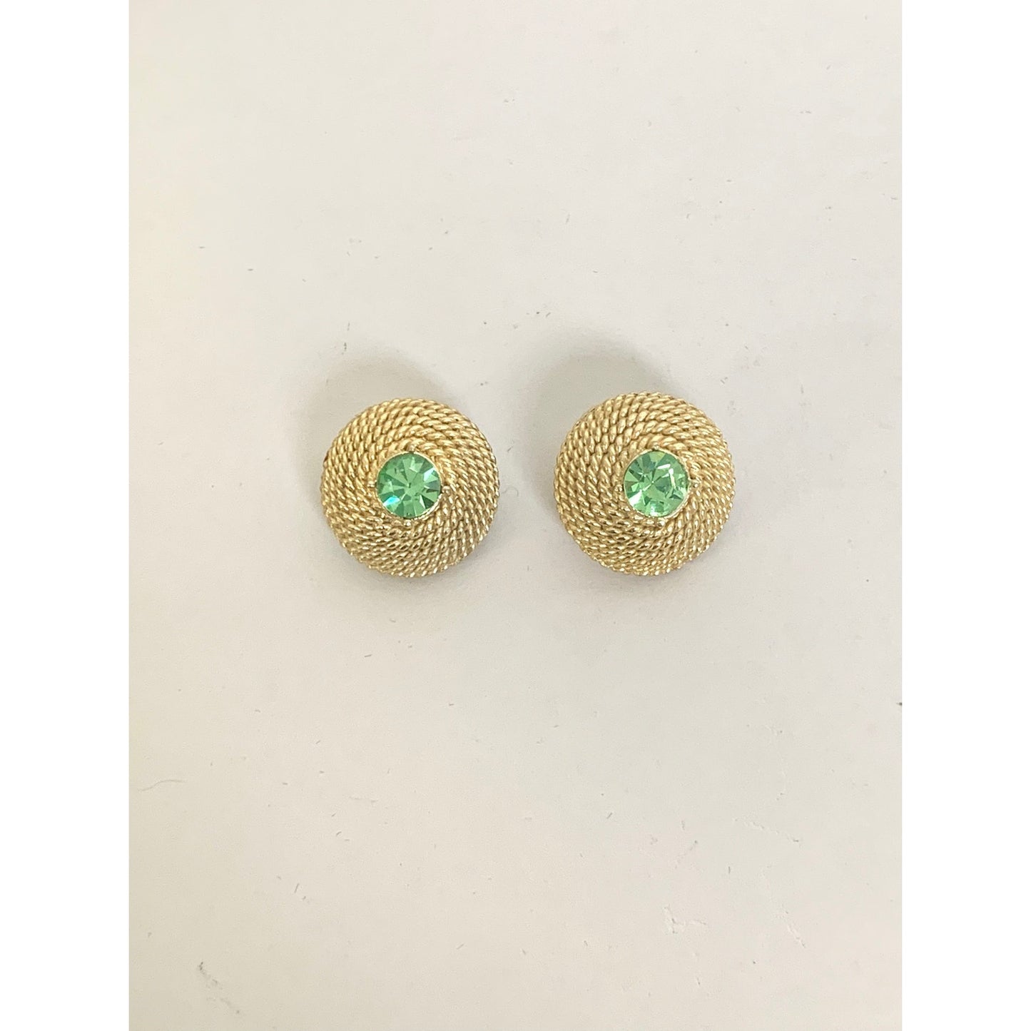 Vintage Gold Tone Clip On Earrings Green Rhinestone Textured Retro Statement