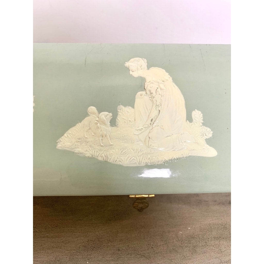 Antique Celluloid Glove Box Green Jewelry Box Figural Dog Relief Romantic Victorian