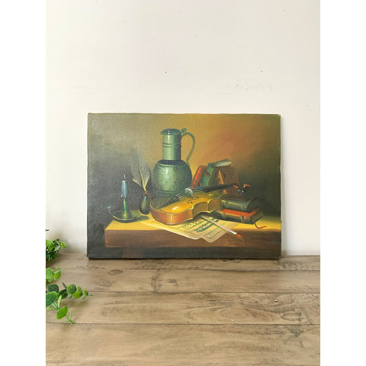 Vintage Still Life Oil Painting with Violin and Books Certified Original Signed