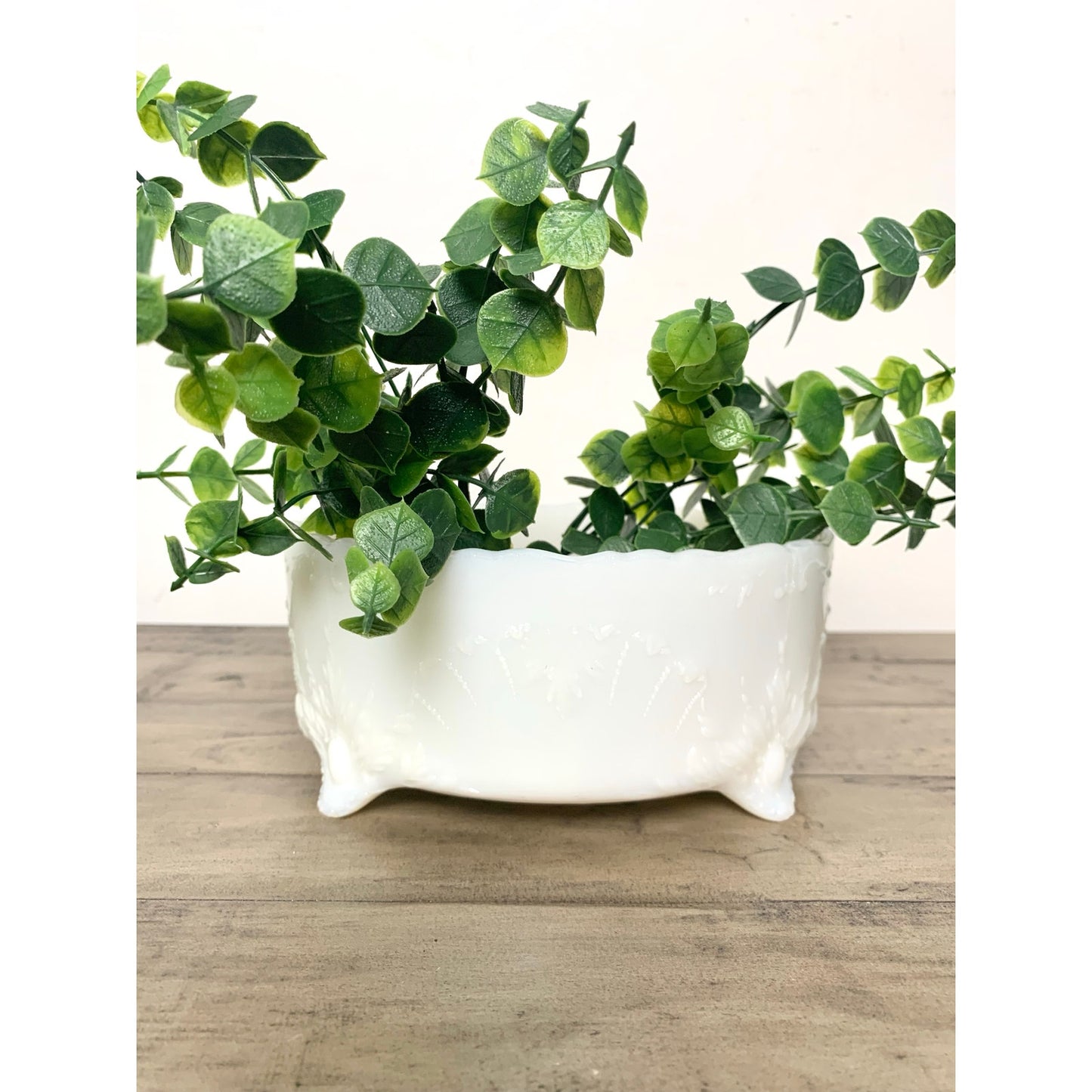 Vintage Milk Glass Footed Bowl Embossed White Centerpiece Dish Cottage Shabby