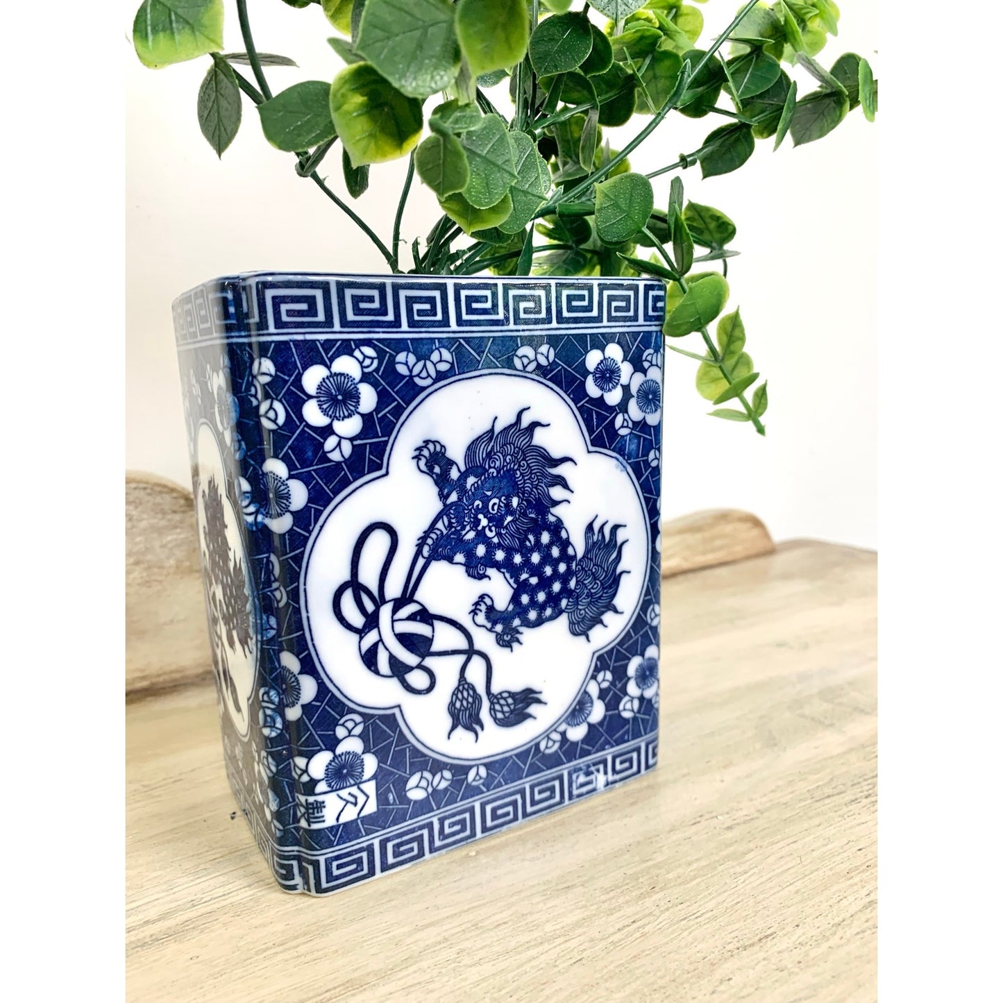 Vintage Chinoiserie Porcelain Flower Frog Blue White Foo Dog Vase Andrea by Sadek