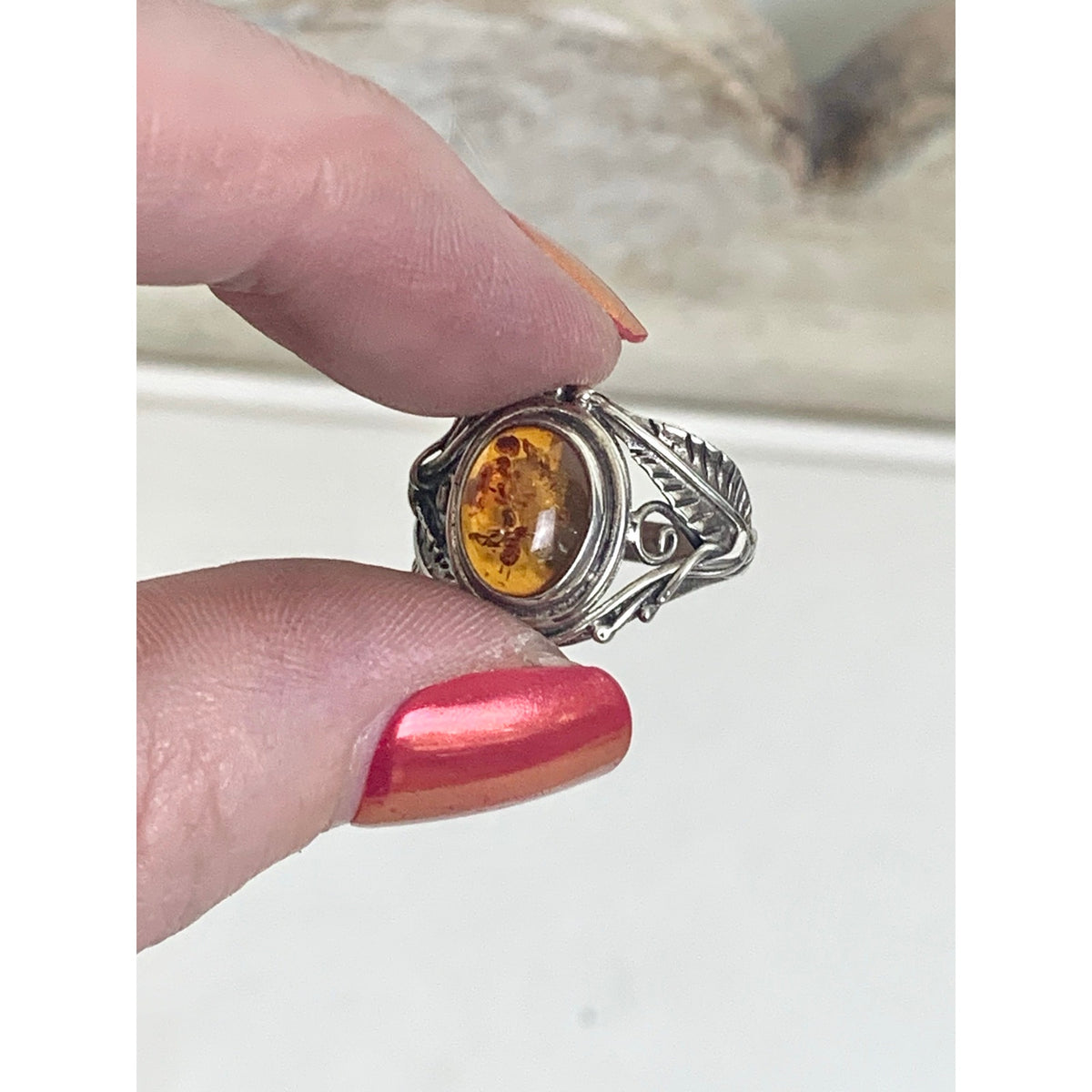 Vintage Sterling Silver Amber Ring Botanical Leaf Filigree Jewelry Boho Southwestern