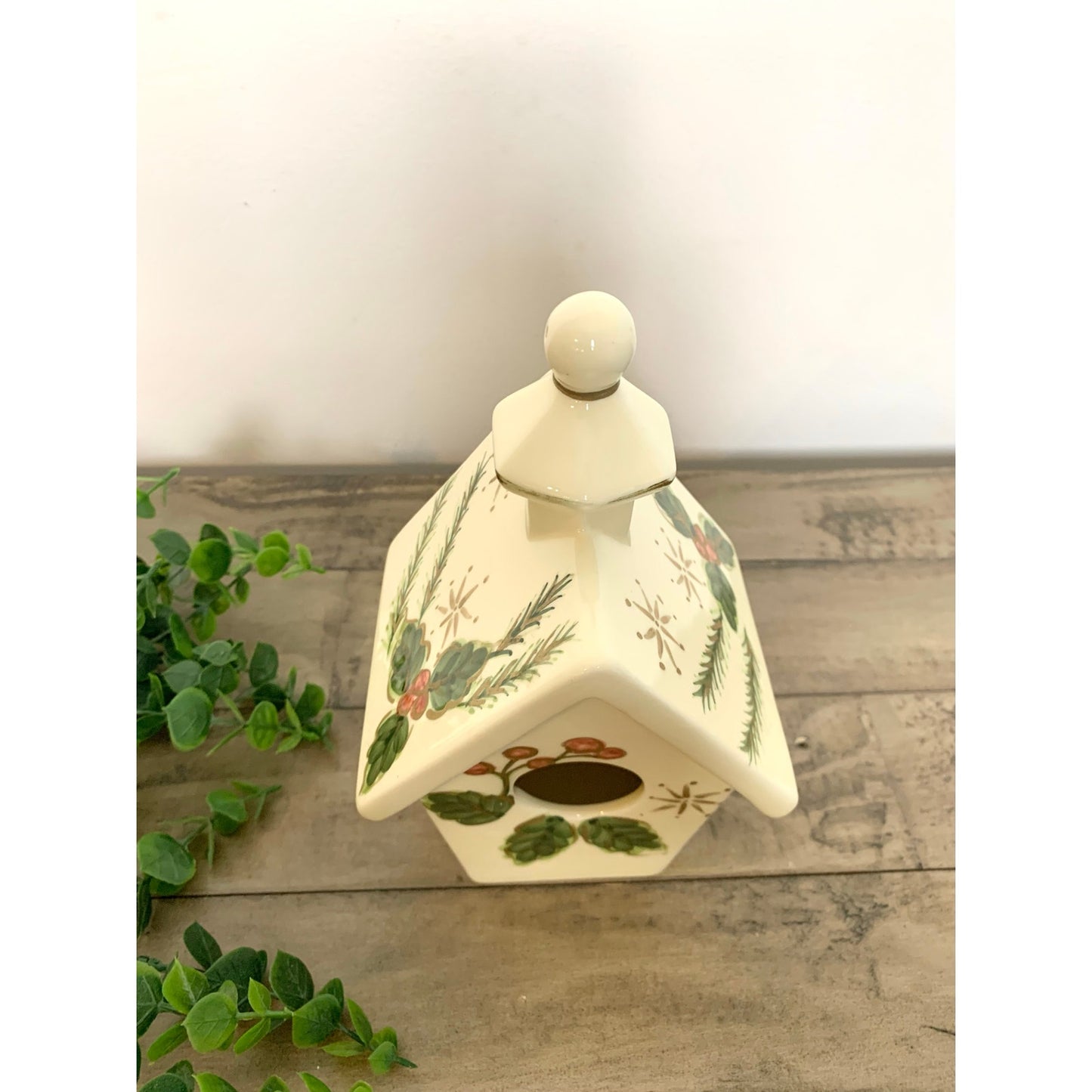 Vintage Ceramic Christmas Birdhouse with Hand Painted Holly and Berry Design Holiday Cottage