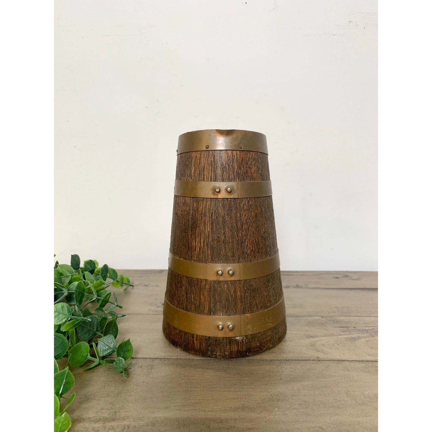 Antique Staved Wood Pitcher Copper Bands Handle Rustic Jug Vase Farmhouse