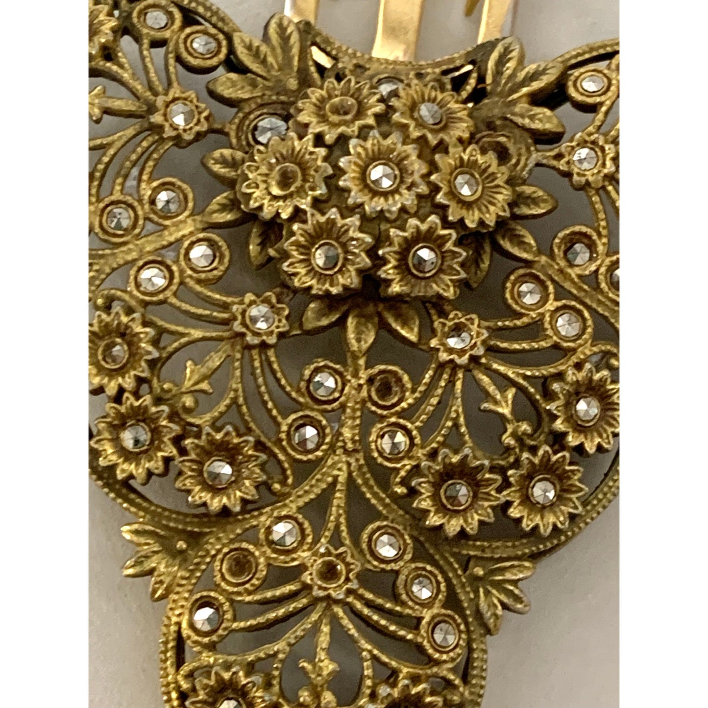 Antique 1920s Goldtone Filigree Dress Clip Marcasite Floral Art Deco Jewelry Scarf Clip