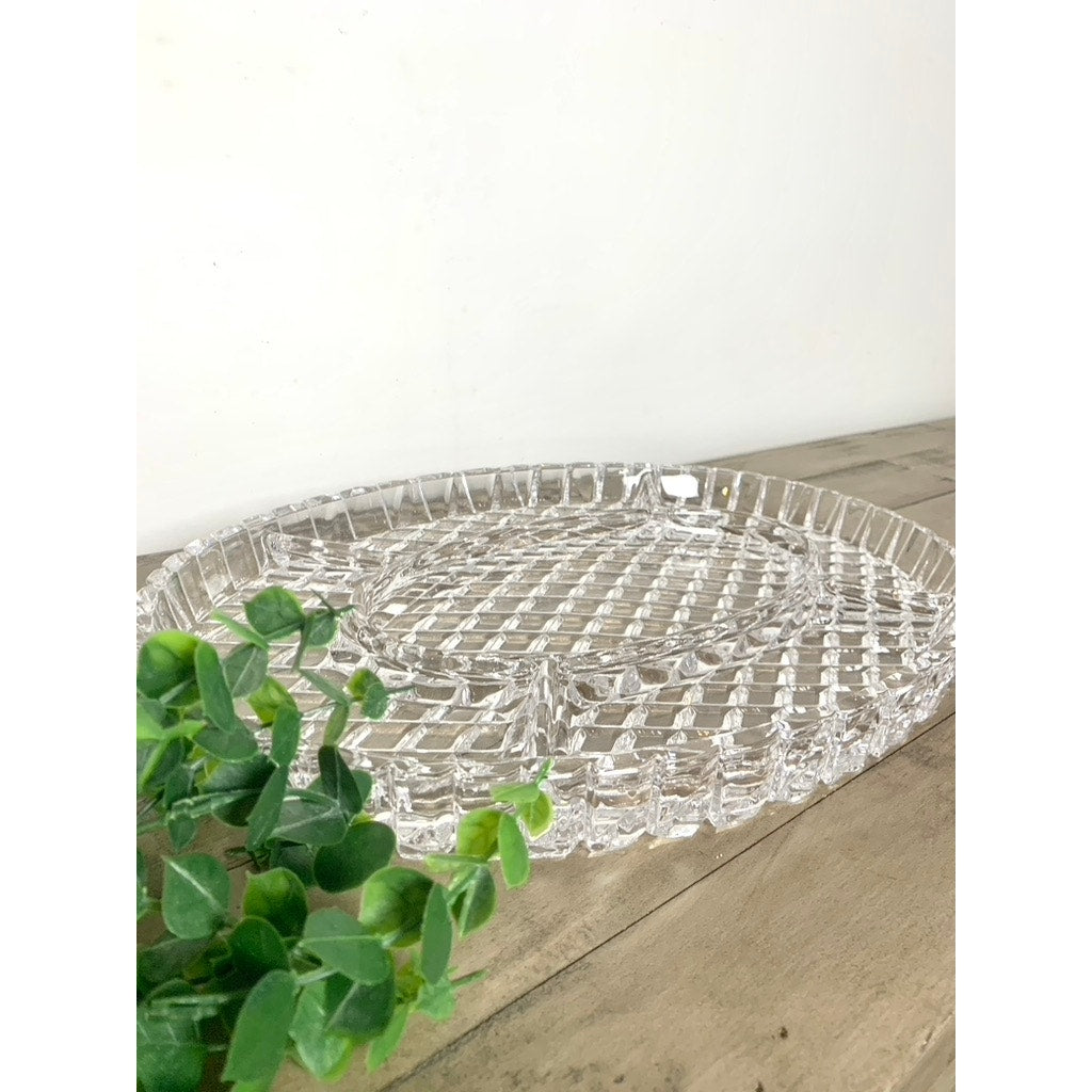 Vintage Clear Glass Divided Serving Platter Large 16.25” Oval Sectional Tray Thick Appetizers Relishes Charcuterie