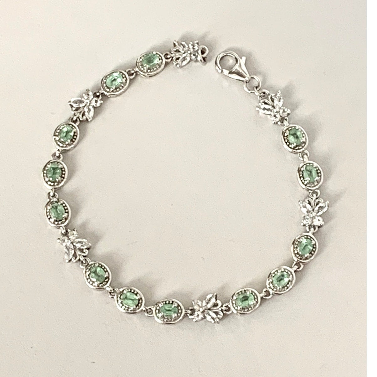 Vintage Sterling Silver Tennis Bracelet Green Stones Butterfly Links 925 Size 7