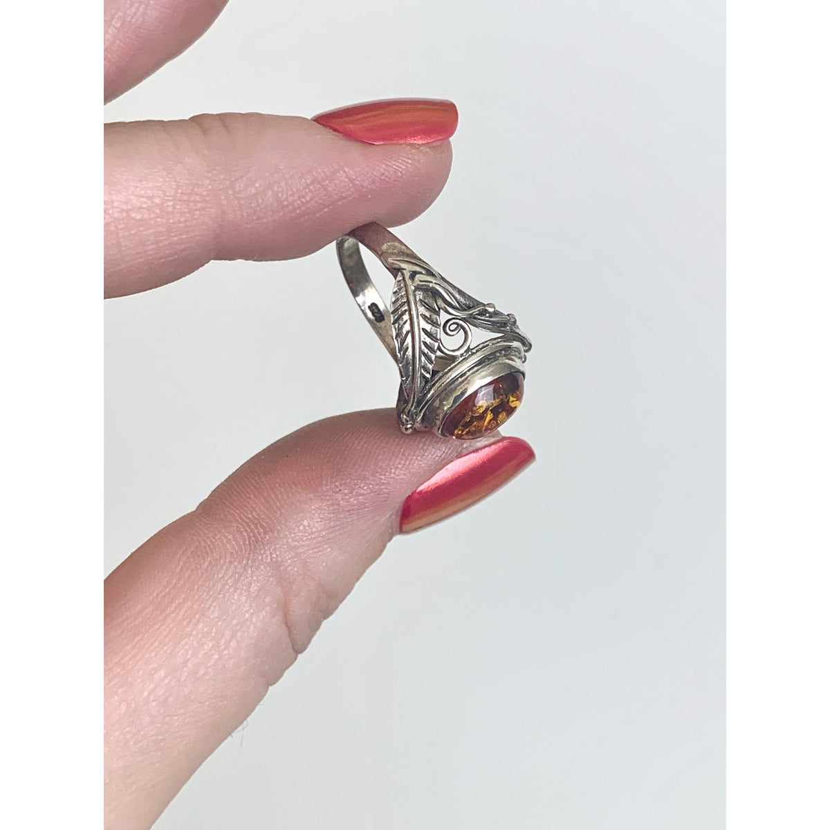 Vintage Sterling Silver Amber Ring Botanical Leaf Filigree Jewelry Boho Southwestern