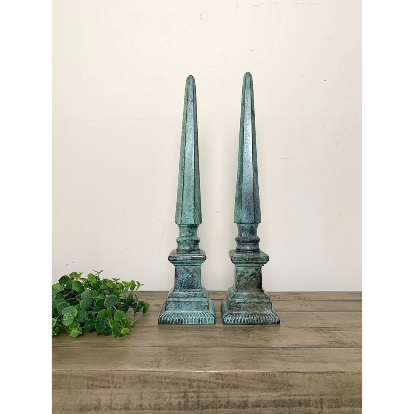 Verdigris Tall Metal Obelisk Finial Sculptures Pair Old Money Distressed 18.25 H