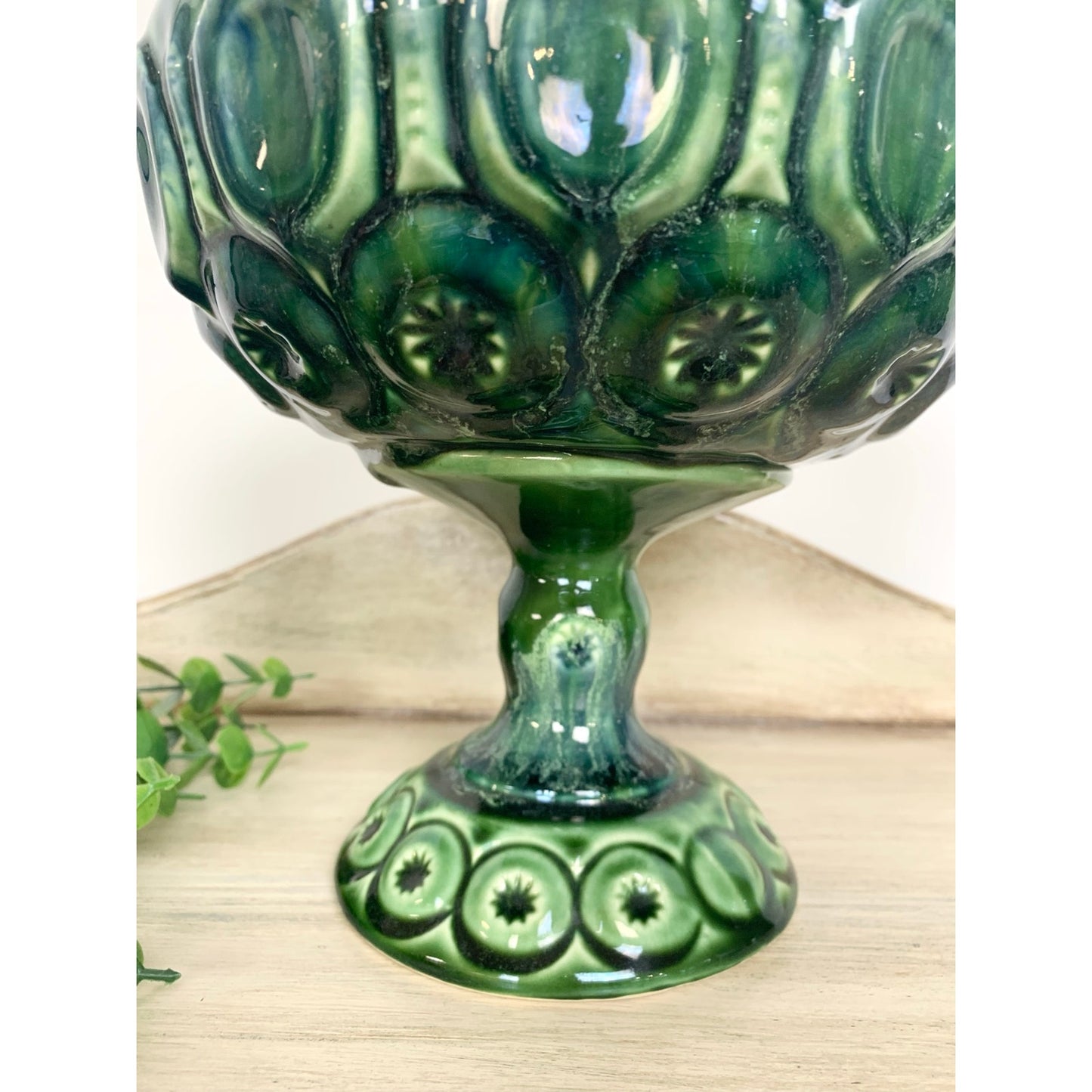 Vintage McCoy Pottery Compote Pedestal Bowl Green Teal Moon and Stars Mid Century