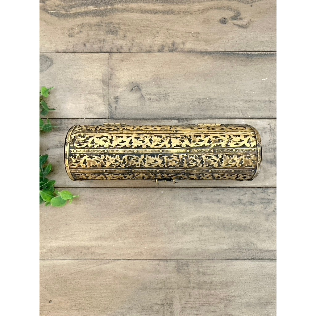 Vintage Brass Wood Trinket Box Floral Etched Hinged Jewelry Box Vanity Old World
