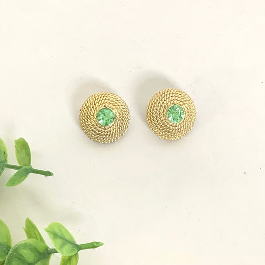 Vintage Gold Tone Clip On Earrings Green Rhinestone Textured Retro Statement
