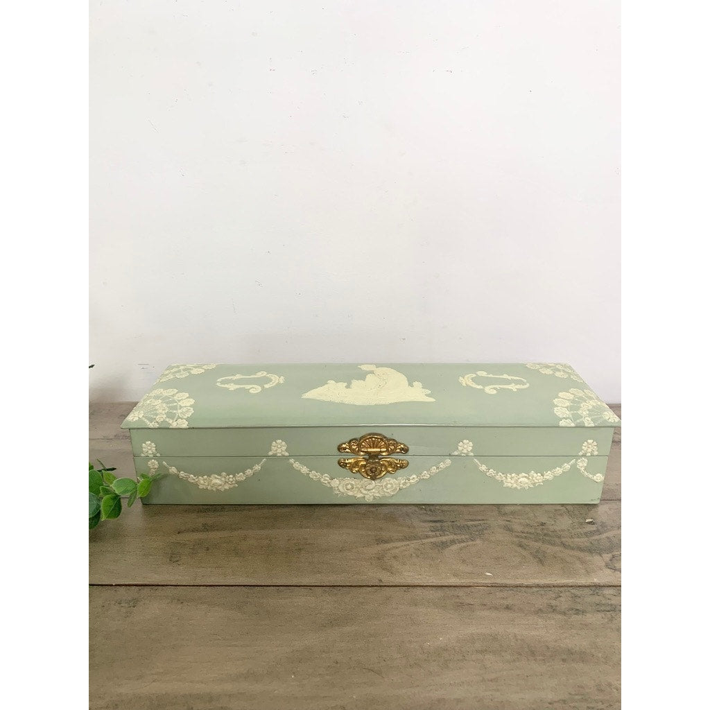Antique Celluloid Glove Box Green Jewelry Box Figural Dog Relief Romantic Victorian