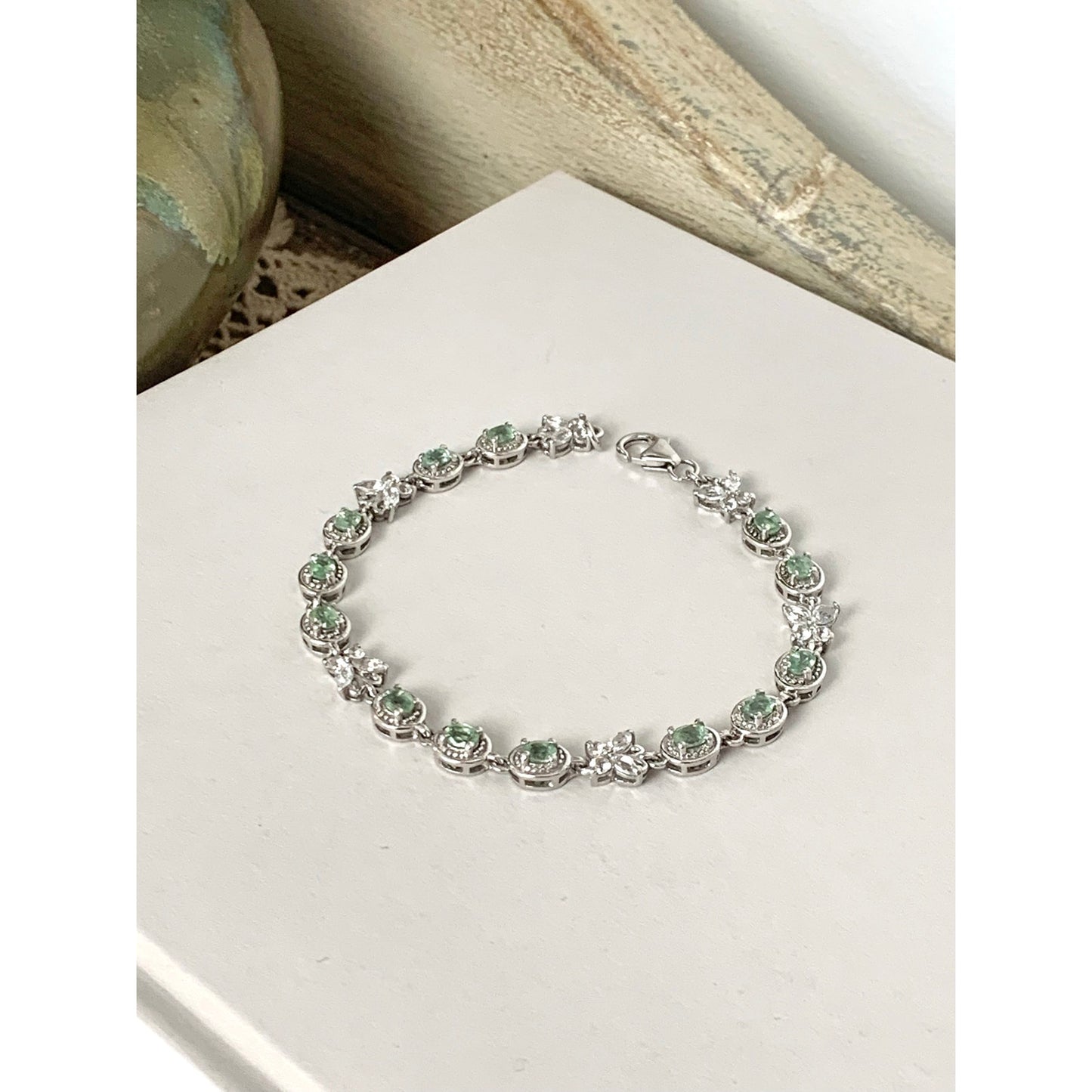 Vintage Sterling Silver Tennis Bracelet Green Stones Butterfly Links 925 Size 7
