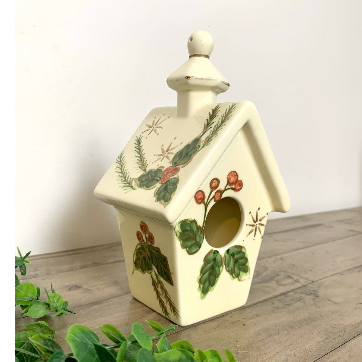 Vintage Ceramic Christmas Birdhouse with Hand Painted Holly and Berry Design Holiday Cottage