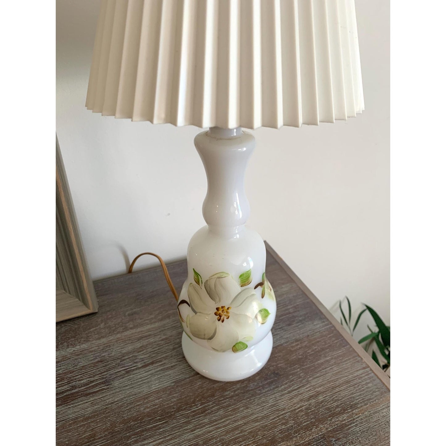 Vintage Hand-Painted Milk Glass Lamp with Pleated Shade