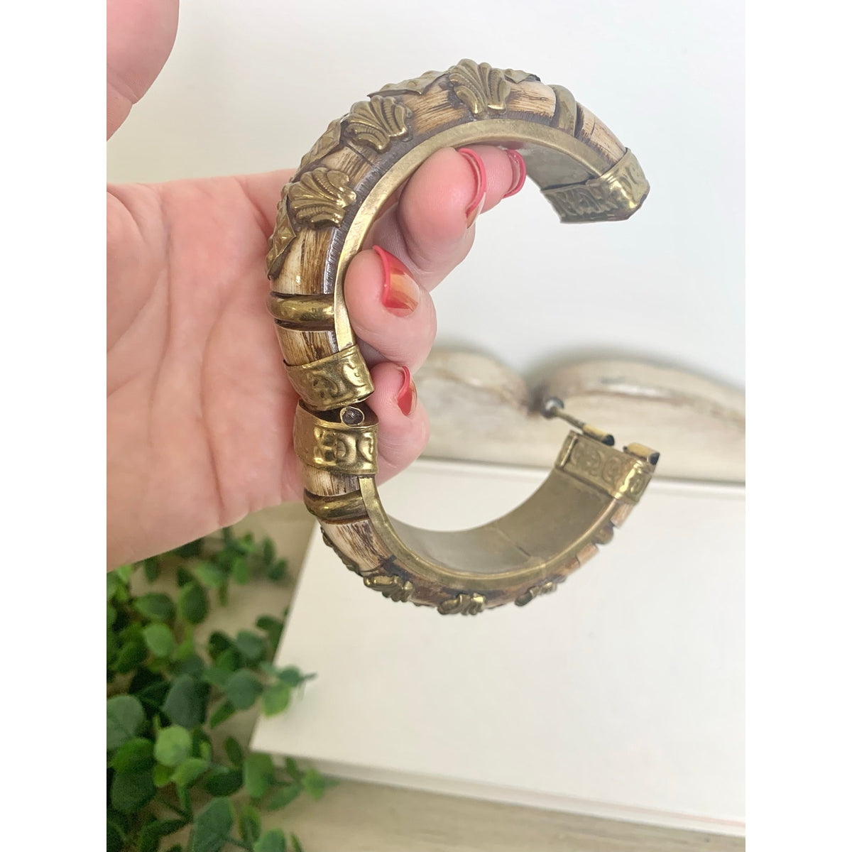Vintage Camel Bone Bangle Bracelet Brass Overlay Hinged Statement Jewelry