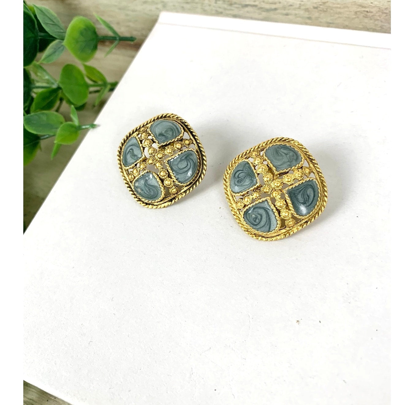 Vintage Goldtone Teal Swirl Enamel Statement Earrings Chunky Retro Post Back 1980s