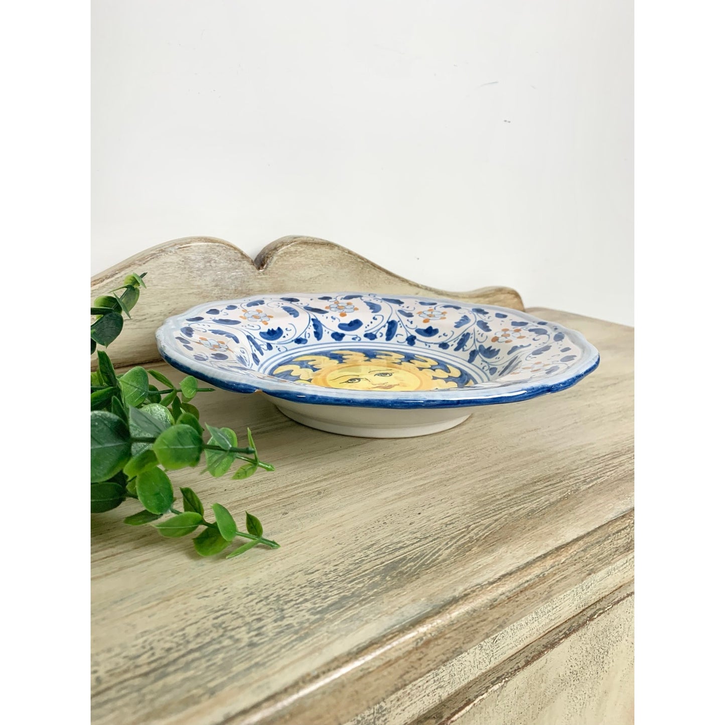 Vintage Italian Pottery Bowl Caltagirone Hand Painted Sun Sicilian Art Dish