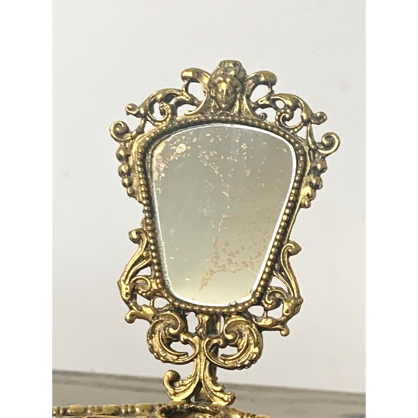 Vintage Ornate Gold Filigree Lipstick Holder Vanity Mirror Footed Hollywood Regency