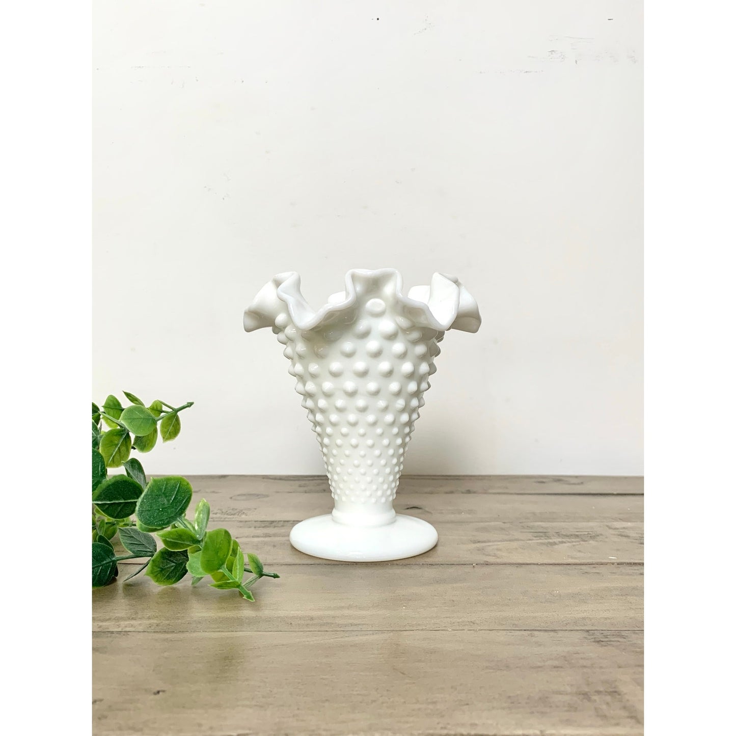 Vintage Fenton Hobnail Milk Glass Pedestal Vase with Fluted Rim Small White Vase