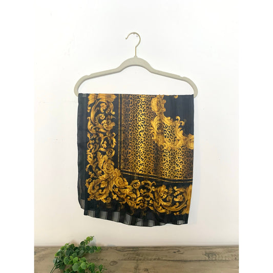 Vintage Kathie Lee Italy Scarf Baroque Leopard Print Black Gold Sheer Square Glam