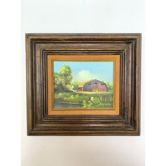 Vintage Framed Oil Painting Barn Landscape Signed Woodson, Farmhouse Cottagecore Art