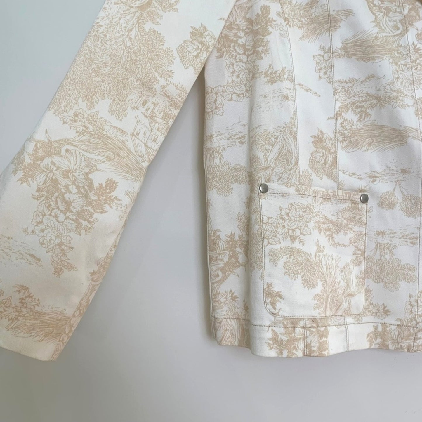 Evan Picone Toile Print Blazer White Beige Stretch Denim Jacket Structured Size 10