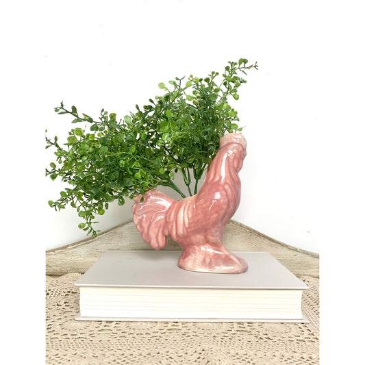 Vintage Pink Ceramic Rooster Planter Vase Cottagecore Country Farmhouse Decor