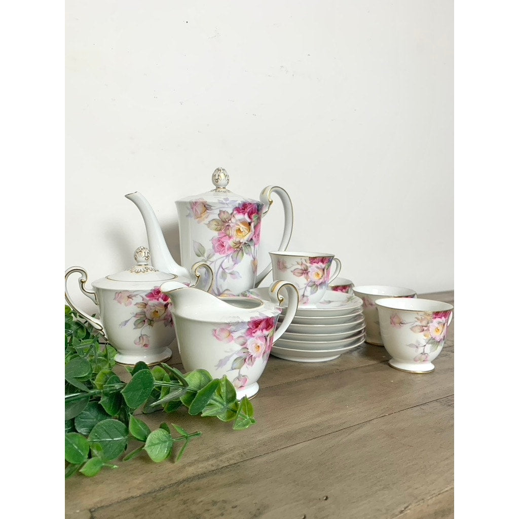 Vintage Noritake China Tea Coffee Serving Set Maruki “M” Backstamp, Pink Rose Pattern