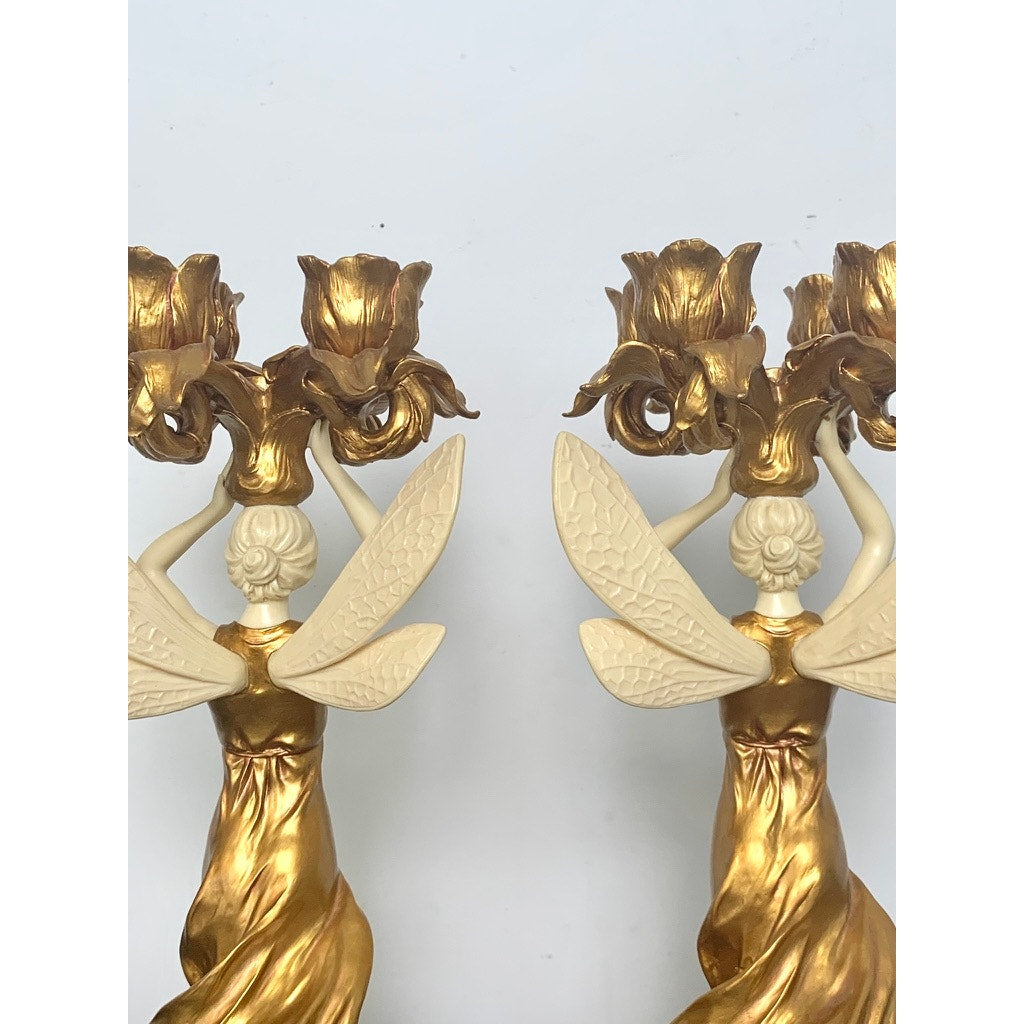 Vintage Art Nouveau Style Winged Women Candelabra Pair Gold Figural Fairy Candle