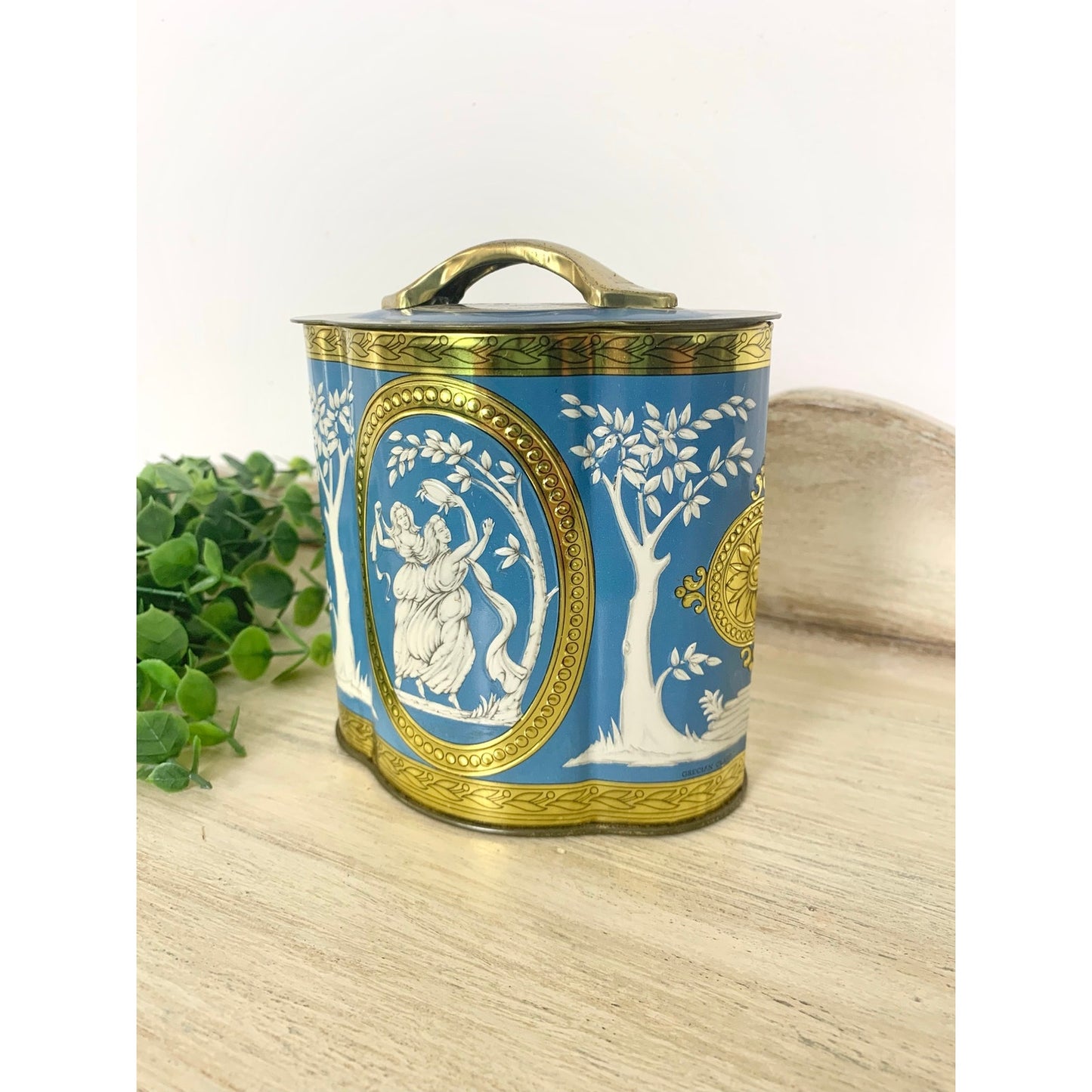 Vintage Tin Canister Murray Allen Grecian Figural Blue Gold Made in England Victorian Style